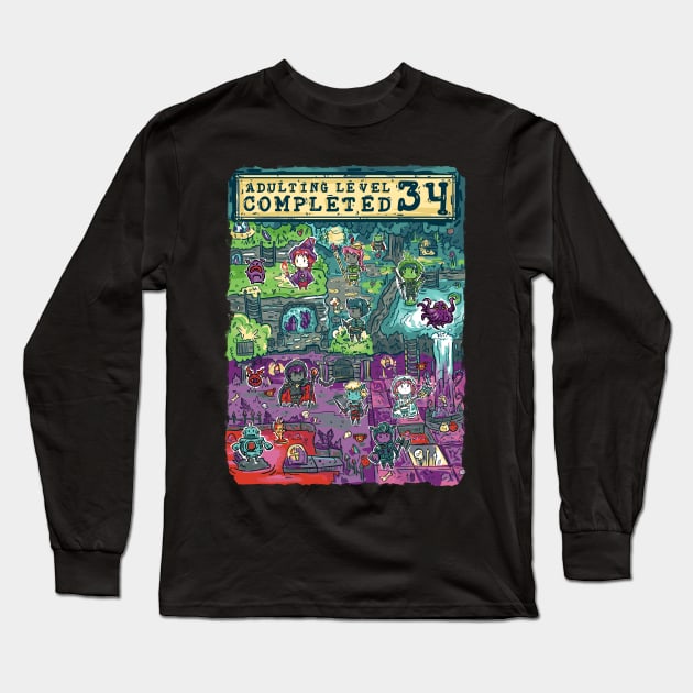 Adulting Level 34 Completed Birthday Gamer Long Sleeve T-Shirt by Norse Dog Studio